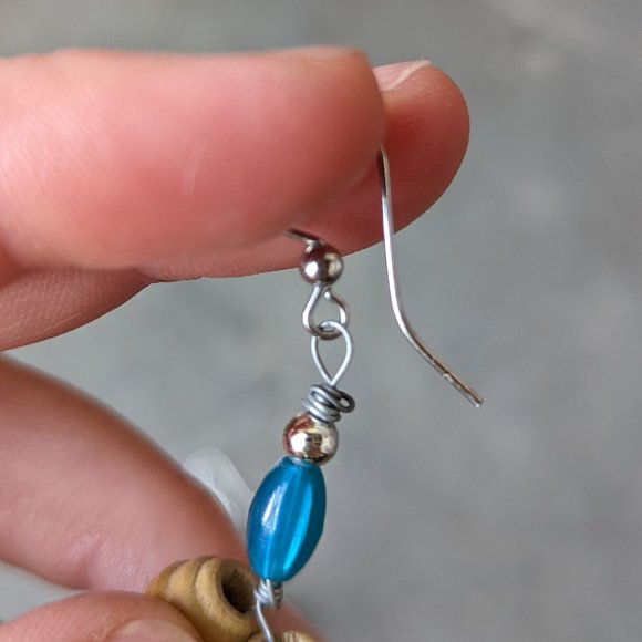 Handmade Teal and Tan Beaded Dangle Drop Earrings - Picture 5 of 6